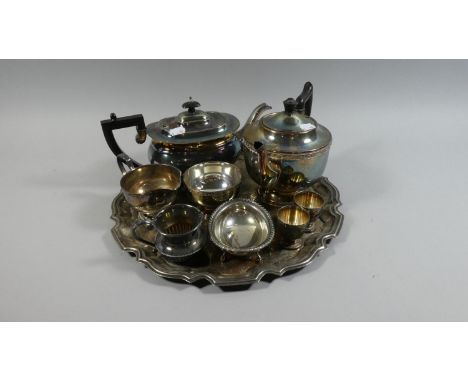 A Collection of Silver Plate to Include Three Piece Teaservice, Teapot, Egg Cups etc on Circular Salver 