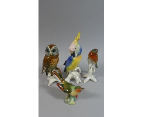 A Collection of Five Ceramic Bird Figures, Owls, Parrot, Robbin etc 
