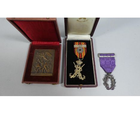A Collection of Two Maitre Tireur Medals and a Cased Bronze French Armed Forces 'Marseillaise' 