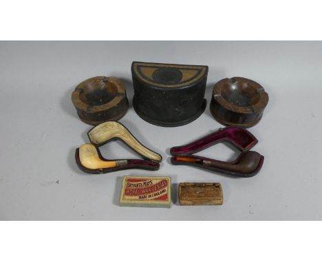 A Collection of Vintage Smoking Ephemera to Include Two Cased Pipes, Wooden Ashtrays, Snuff Box etc Mostly AF 