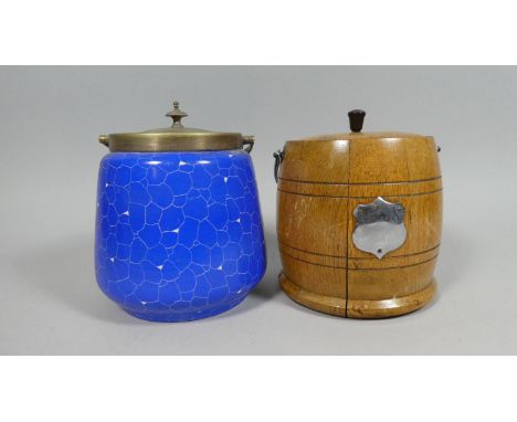 A Wooden Biscuit Barrel with Silver Plated Mount and a Ceramic Example by Grey and Co. 