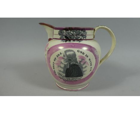 A Sunderland Lustre Pink Jug one side Decorated with Portrait of John Wesley Inscribed 'The Best of All God is With Us', Reve