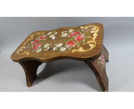 A Shaped Top Wooden Stool with Bargeware Style Painted Decoration, 44cm Long 