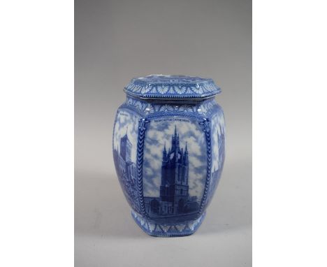A Blue and White Ringtons Tea 'Cathedral' Lidded Caddy 