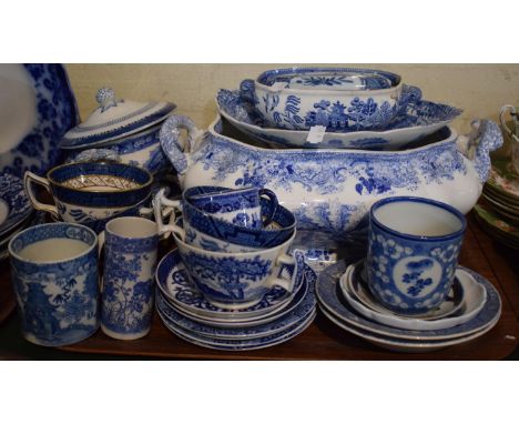 A Tray of Blue and White Ceramics to Include Cup, Saucers and Tureens etc Some AF 