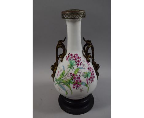 A Late 19th Century French Ormolu Mounted Ceramic Vase with Floral Decoration on Wooden Plinth Base with Rose Bowl Cover, 37c