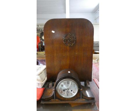 An Oak Mantle Clock with Replacement Quartz Battery Movement and an Oak Fire Screen 