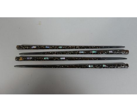 A Collection of Four Japanese Lacquered Hair Sticks With Mother of Pearl Inlay Decoration, 23cm Long 