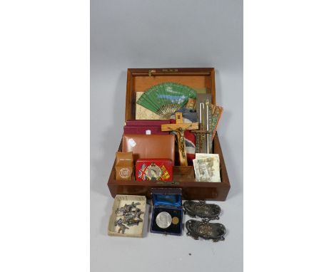 A 19th Century Mahogany Writing Slope Box Containing Curios to Include Crucifix, Van, Coronation Tin, Cigarette Cards, Harrod