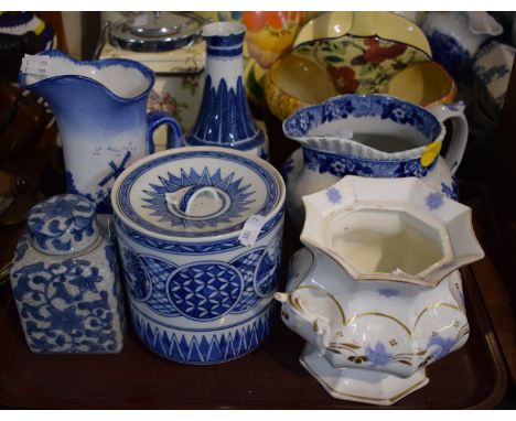 A Tray of Blue and White China to Include Jugs, , Tea Caddy, Cylindrical Lidded Pot etc 