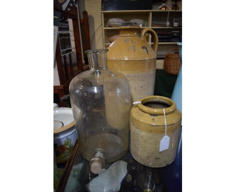 Two Honey Glazed Stoneware Brewers Bottles and a Glass Jar 
