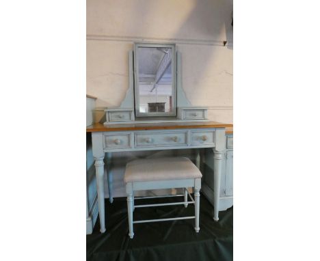 A Blue Painted Dressing Table with Two Raised Jewel Draws, Pine Top with Three Drawers Under and Turned Legs, Complete with S