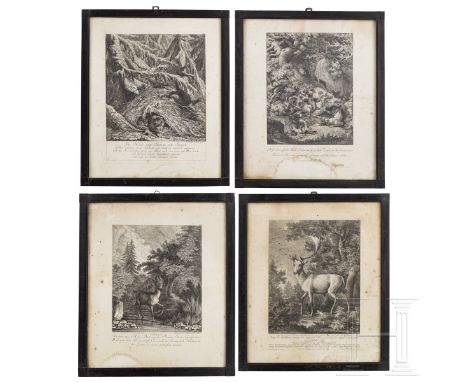 Vier jagdliche Stiche, Johann Elias Ridinger, Augsburg, um 1760  Zwei Darstellungen abnormer Hirsche sowie ein Eber im Kampf 