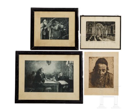Judaica - vier Schwarzweiß-Zeichnungen jüdisches Leben  Zeichnung des 19. Jhdts: Blick in eine Synagoge. Bezeichnet "Venecia,