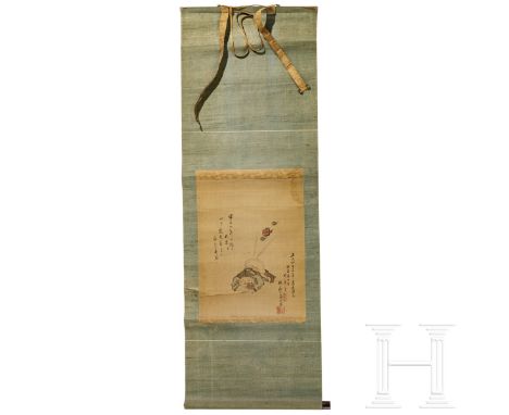 Kakemono mit Darstellung des Daikoku, Japan, datiert 1864  Farbige Darstellung des Glücksgottes mit seinem typischen Attribut