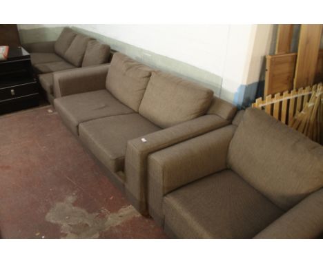 A MODERN THREE PIECE SUITE CONSISTING OF A SOFA, BED SETTEE AND SINGLE CHAIR