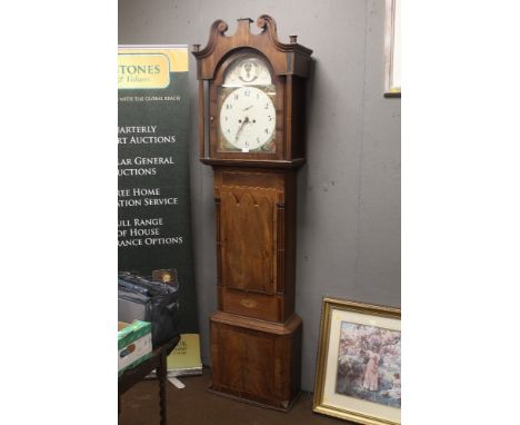 A 19TH CENTURY OAK AND MAHOGANY EIGHT DAY LONGCASE CLOCK, the painted arched dial with subsidiary seconds dial and date apert