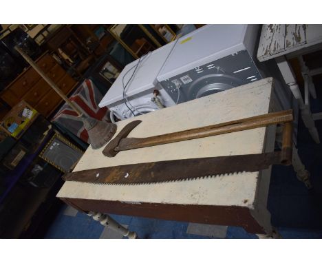 A Vintage Cross Cut Saw, Axe and a Posser 