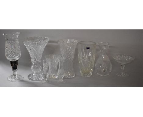 A Collection of Good Quality Glassware to Include Cut Glass and Silver Plated Hurricane Lamp, Cut Glass Vase, Tudor Vase, Roy