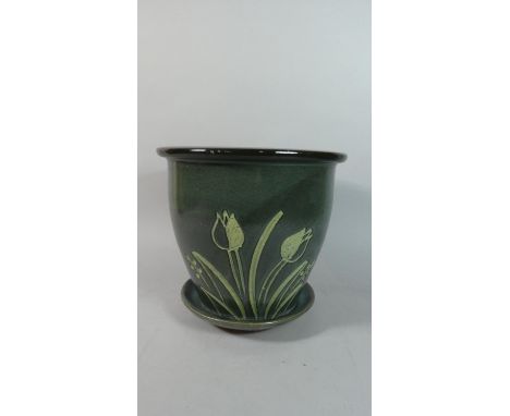 A Blue Glazed Planter with Incised Tulip Decoration and Drip Tray, 30cms Diameter 