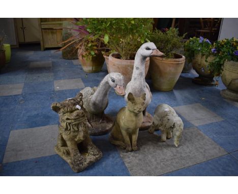 A Pair of Reconstituted Stone Patio Ornaments in the Form of Geese (58cms High), a Cat, a Temple Dog and Glazed Elephant (Tru