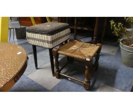 A Vintage Woven Sewing Box and a Small Oak and Rush Stool 
