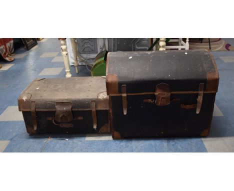 A Leather Mounted Canvas Covered Dome Top Trunk with Inner Tray, 76cms Wide Together with a Vintage Suitcase 