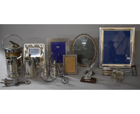 A Collection of Silver Plate to Include Four Photo Frames to Include Oval Norwegian Filigree Example, Novelty Measure in he F