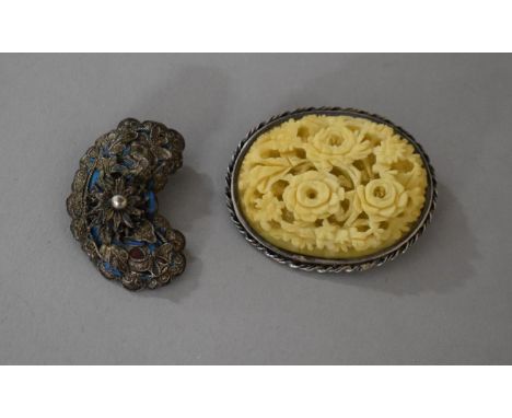 Two Chinese Brooches to Include Kidney Shaped Silver and Enamelled Decoration (Stamped) 