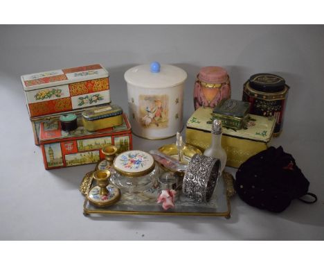 A Collection of Sundries to Include Ladies Tapestry Topped Dressing Table Part Set, Ladies Evening Purse, Metalwares, Vintage