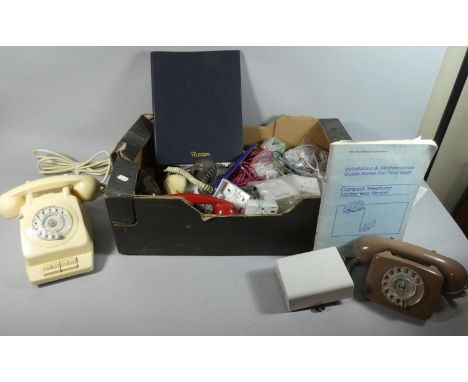 A Box Containing Two Vintage Phones, Handsets, Line Boxes, Manuals, Wiring Etc. 
