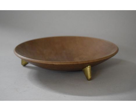 A Vintage Ianthe Teak Circular Bowl on Tripod Gilt Stylised Supports with Inset Green Stamp to Under, 23cms Diameter 