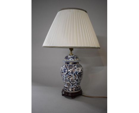 A Modern Blue and White Oriental Ceramic Lamp of Baluster Form on Wooden Stand with Shade, 39cms High Without Shade 