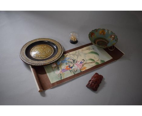 A Collection of Oriental and Asian Items to Include Scroll, Miniature Chinese Cork Diorama Carved Immortal Face, Inlaid Charg