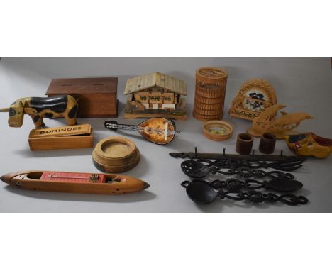 A Collection of Treen and Other Sundries to Include Money Box, Alpine Swiss Cabin Musical Box, Miniature Italian Lute, Butter