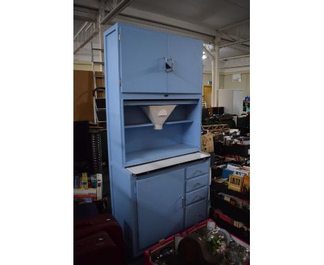 A 1950's Painted Wooden Kitchen Cabinet with Enamel Slide Over Four Drawers and Cupboard Raised Top Section with Dispenser an