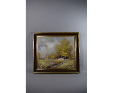 A Framed Oil on Canvas of Wooden Hut and Trees, Signed Bottom Right R. Thomas, 59 x 49cms 