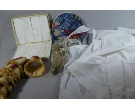 A Box Containing 7 Lamp Shades, Metal and Rope Tiebacks, 2 Aprons, Pillow and Bolster Set Etc. 