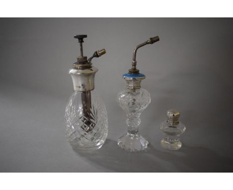 Two Silver Topped Glass Perfume Atomisers to Include Enamelled Example Together with a Small Silver Topped Scent Bottle Birmi