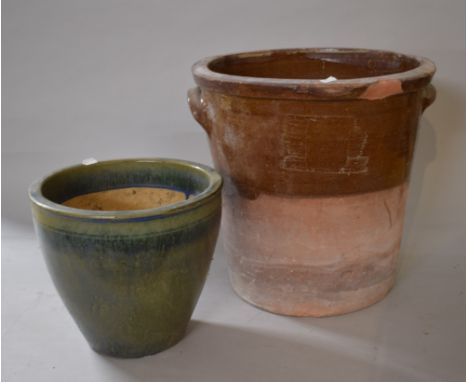 A Glazed Terracotta Stein and a Green Glazed Patio Planter, Stein 39cms High 