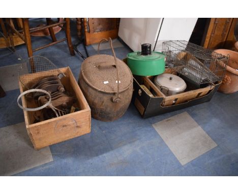 A Box of Iron Work to Include Horse Shoes, Two Pulley Blocks, Cooking Pot, Oil Lamp Wall Bracket Etc. 