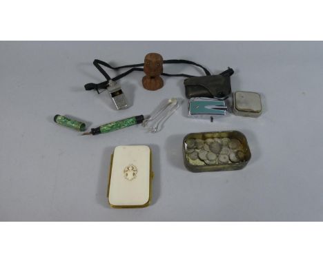 A Small Collection of Curios to Include Ronson Lighter, Acme Thunderer, Coty Powder Compact, 3d Silver Coins, Silver Sugar Bo