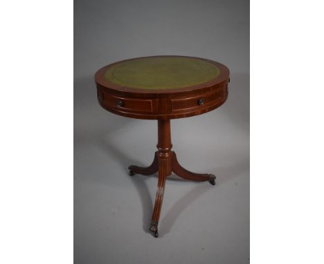 A Reproduction Mahogany Drum Table with Tooled Leather Top and Tripod Support, 50cms Diameter 