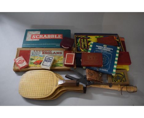 A Collection of Vintage Toys and Games to Include Table Tennis Bats, Board Games, Cards etc 