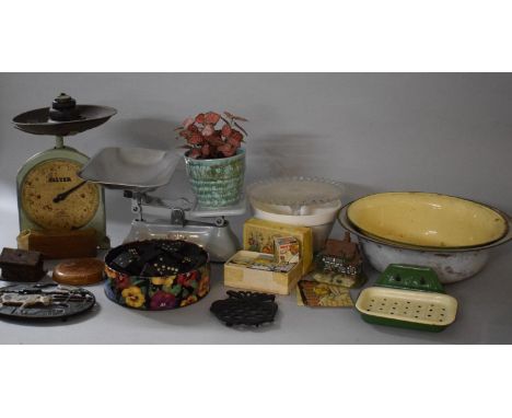 A Box of Sundries to Include Kitchen Scales, Kettle Stand, Glass Cake Stand, Dominoes, Enamel Soap Dish, Etc. 