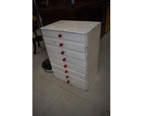 A small painted pine vintage chest , filing or tool type drawers, width approx. 46cm
