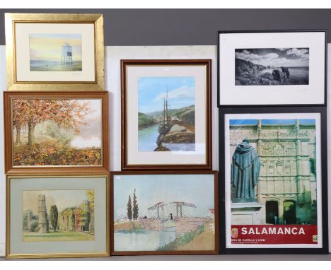 Various decorative pictures; various light fittings; &amp; various souvenir teaspoons. 
