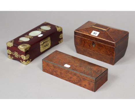 A 19th century inlaid birds-eye-maple two division tea caddy, 19.5cm high; &amp; two treen trinket boxes.