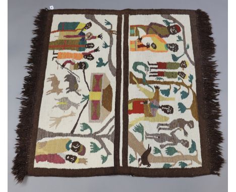 A vintage Lebowa, South Africa handmade rug of cream ground &amp; with multi-coloured village scene to centre within a wide b