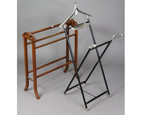 A late 20th/early 21st century chrome &amp; black finish folding metal valet stand, 50cm wide x 121cm high; &amp; a carved be